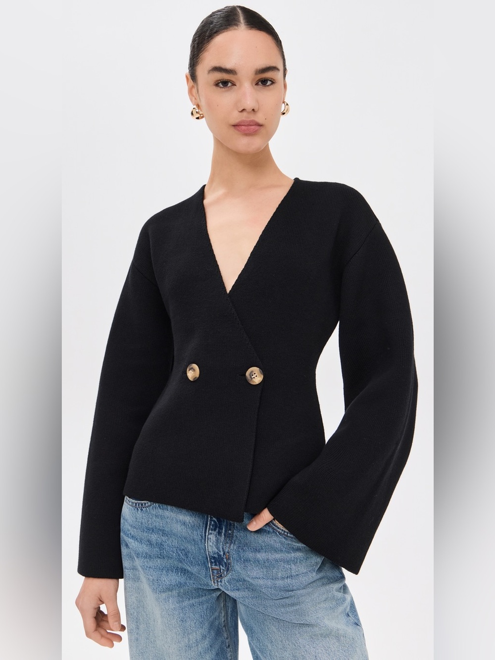 Joie Long Flute Sleeve Button Wrap Over Top In Black Thick Knit Cardigan Sz M
